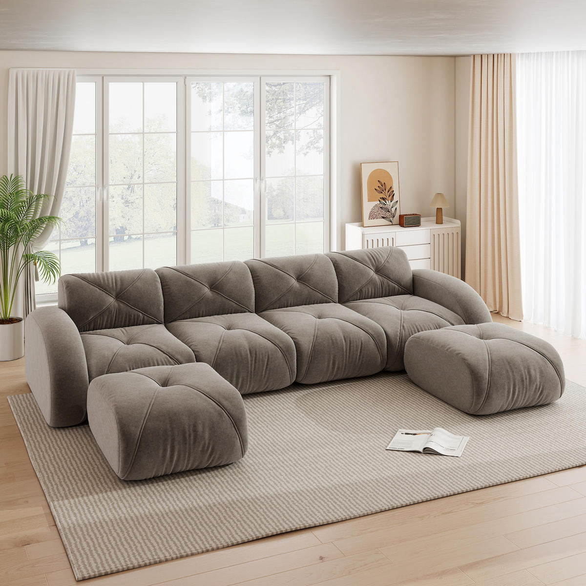 WOHNLANDSCHAFT Chenille Taupe mit 2 Hocker - Braun, Textil (358/76/171cm) - WISHDOR