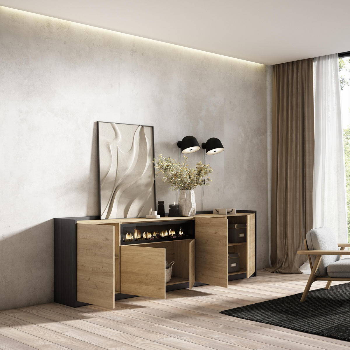 SIDEBOARD, Highboard, Eiche Schwarz, Elektrokamin, 260/37/80cm - Eichefarben, Holzwerkstoff (260/80/37cm) - Skraut Home