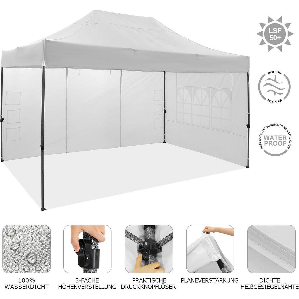 FALTPAVILLON 3 x 4,5 m Weiß Wasserdicht mit 4 Seitenwänden - Weiß, Textil (300/322/450cm)