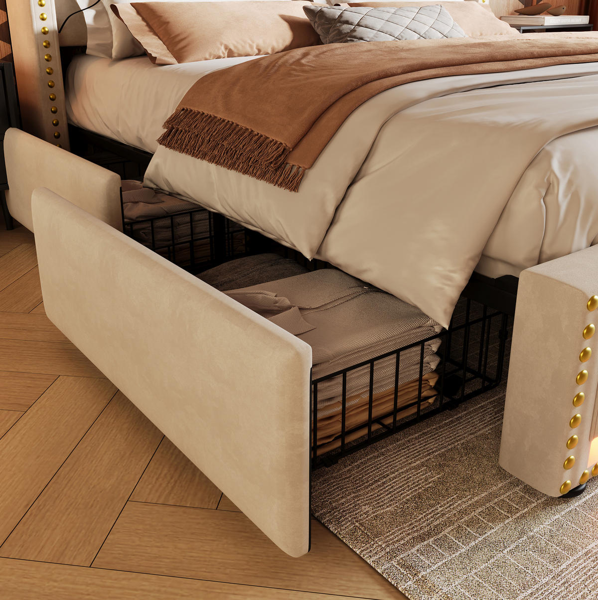 POLSTERBETT 140/200 cm Beige mit LED-Beleuchtung und USB-C-Anschluss - Beige, Textil (140/200cm) - OKWISH