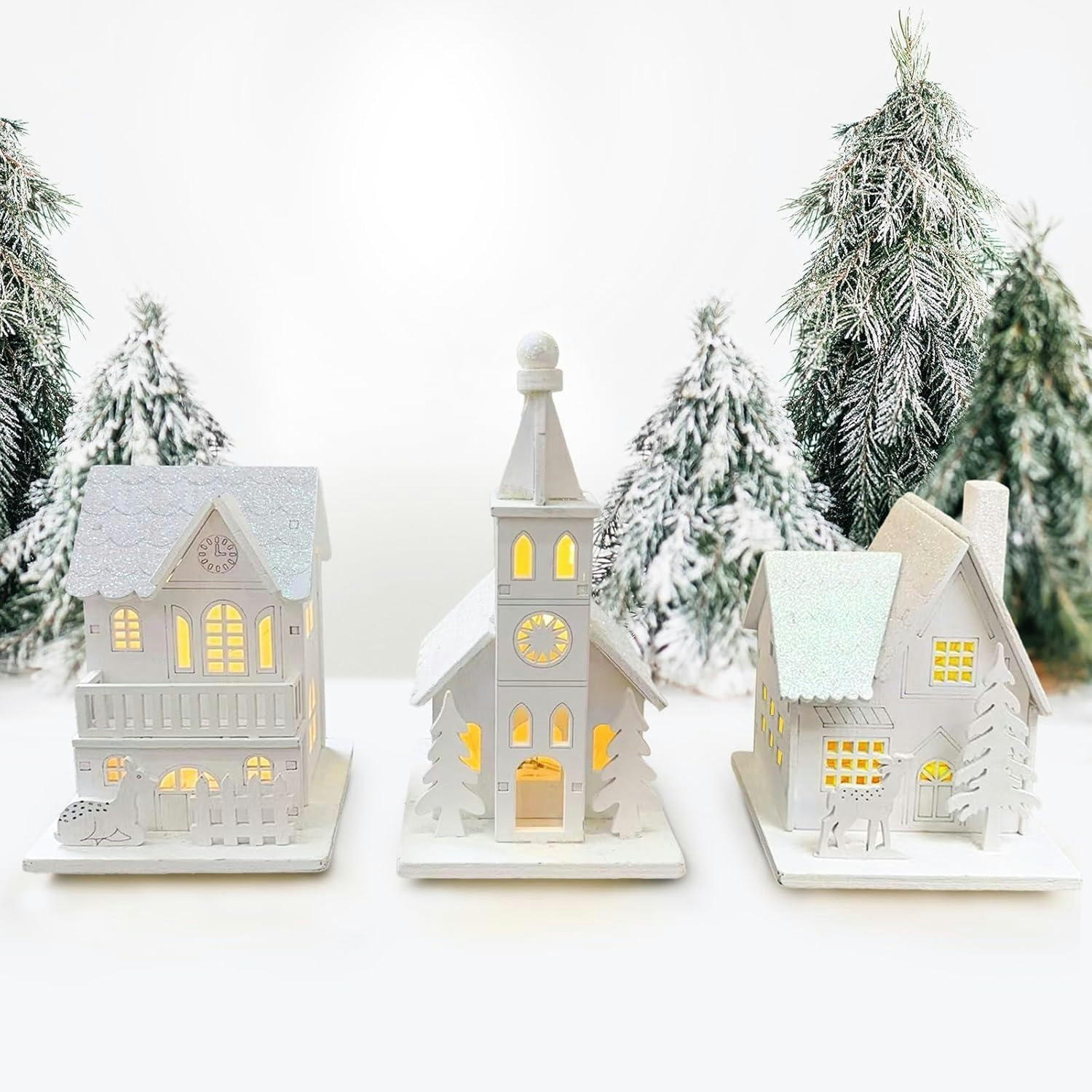 WEIHNACHTSDORF 3-teiliges Set mit Beleuchtung Holz - Weiß, Holz (9/14.5/6cm)