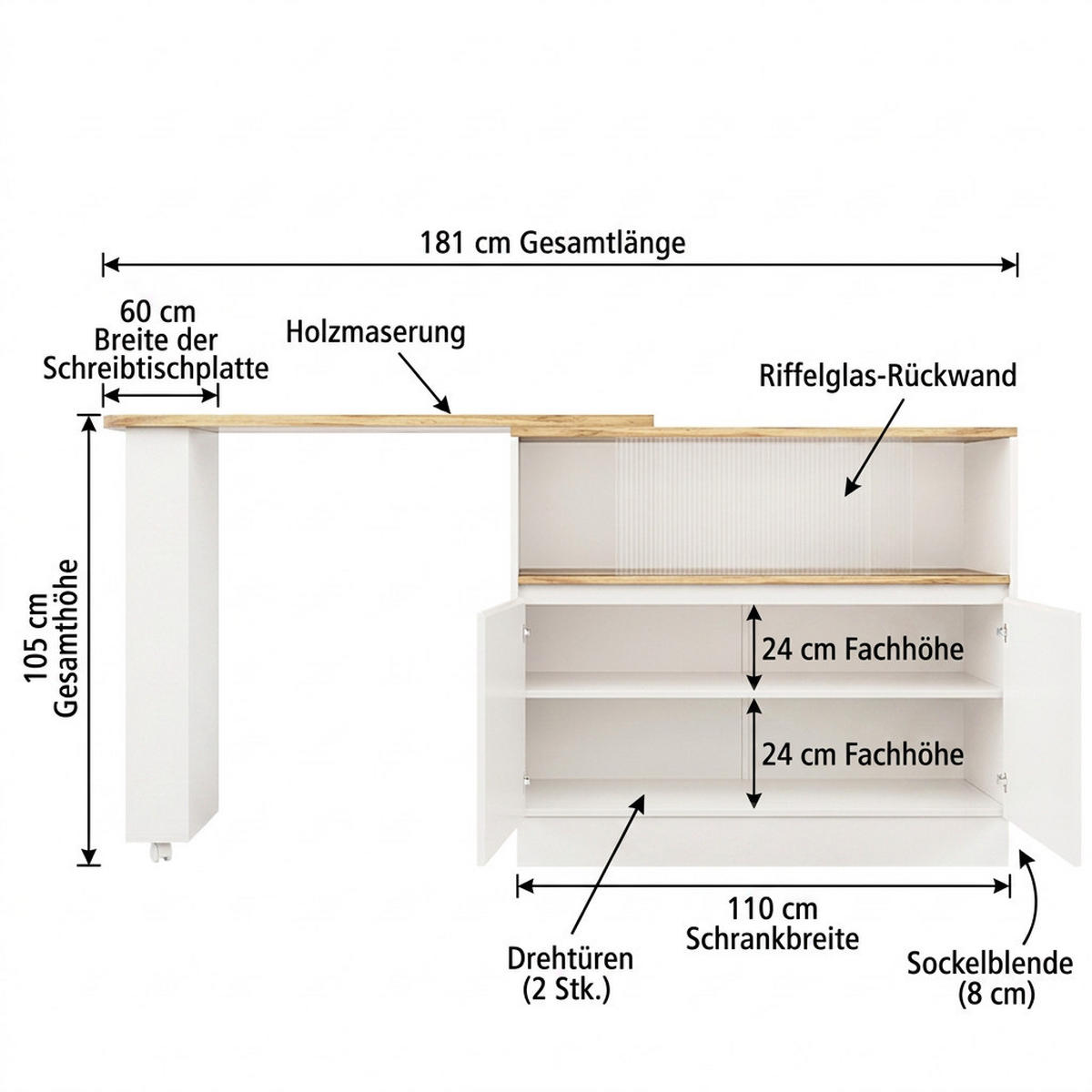 KÜCHENINSEL 90/45/103 cm Weiß mit Ablageflächen und Glas - Weiß, Holz (90/45/100cm) - Oxeza