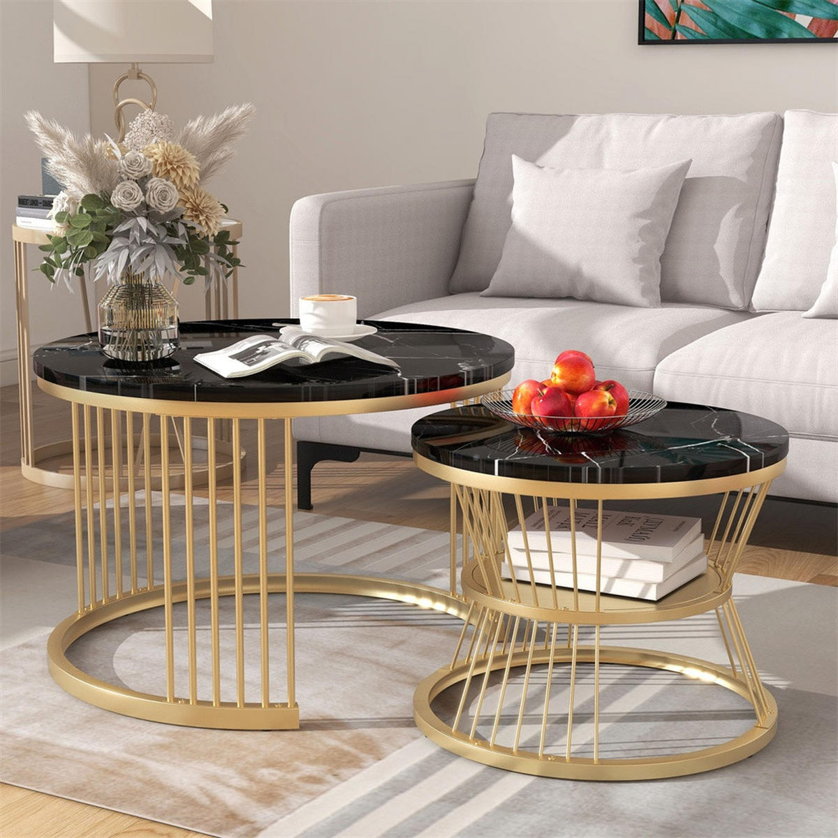 COUCHTISCH 2er Set - Runder Couchtisch 70 cm & 45 cm - Ineinander Schiebbar Marmoroptik - Gold & Schwarz - Schwarz, Holzwerkstoff (70/70/45.5cm) - DELFA
