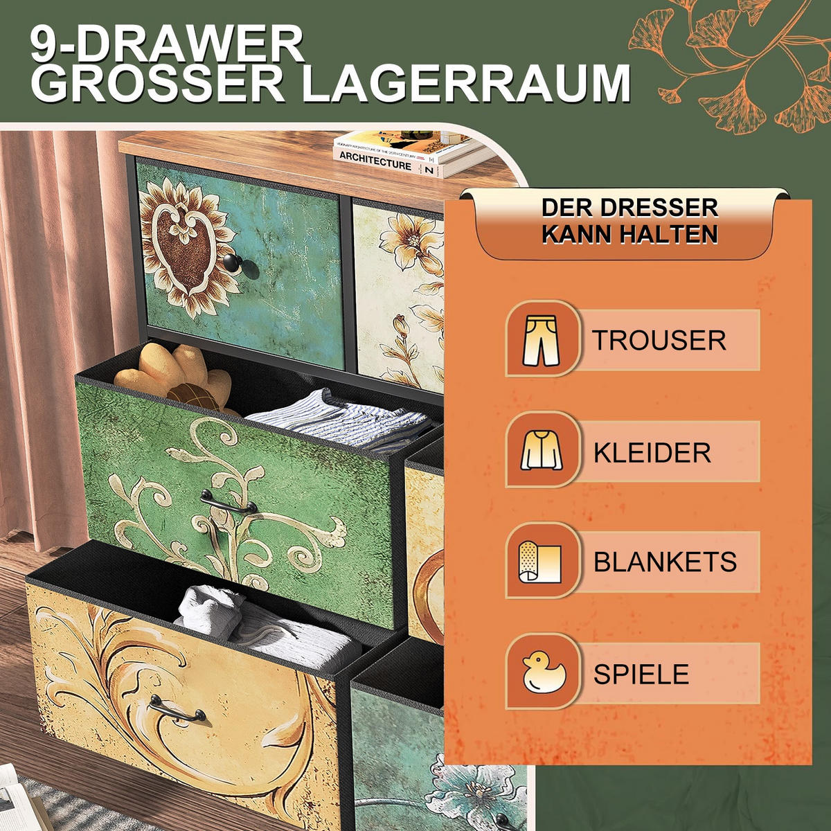 KOMMODE mit 7 Schubladen - 100x30x78cm - Faltbare Stoffschubladen im Vintage-Stil & Verstellbare Füße - Retro-Muster Mehrfarbig - Multicolor, Metall (30/78/100cm) - DELFA