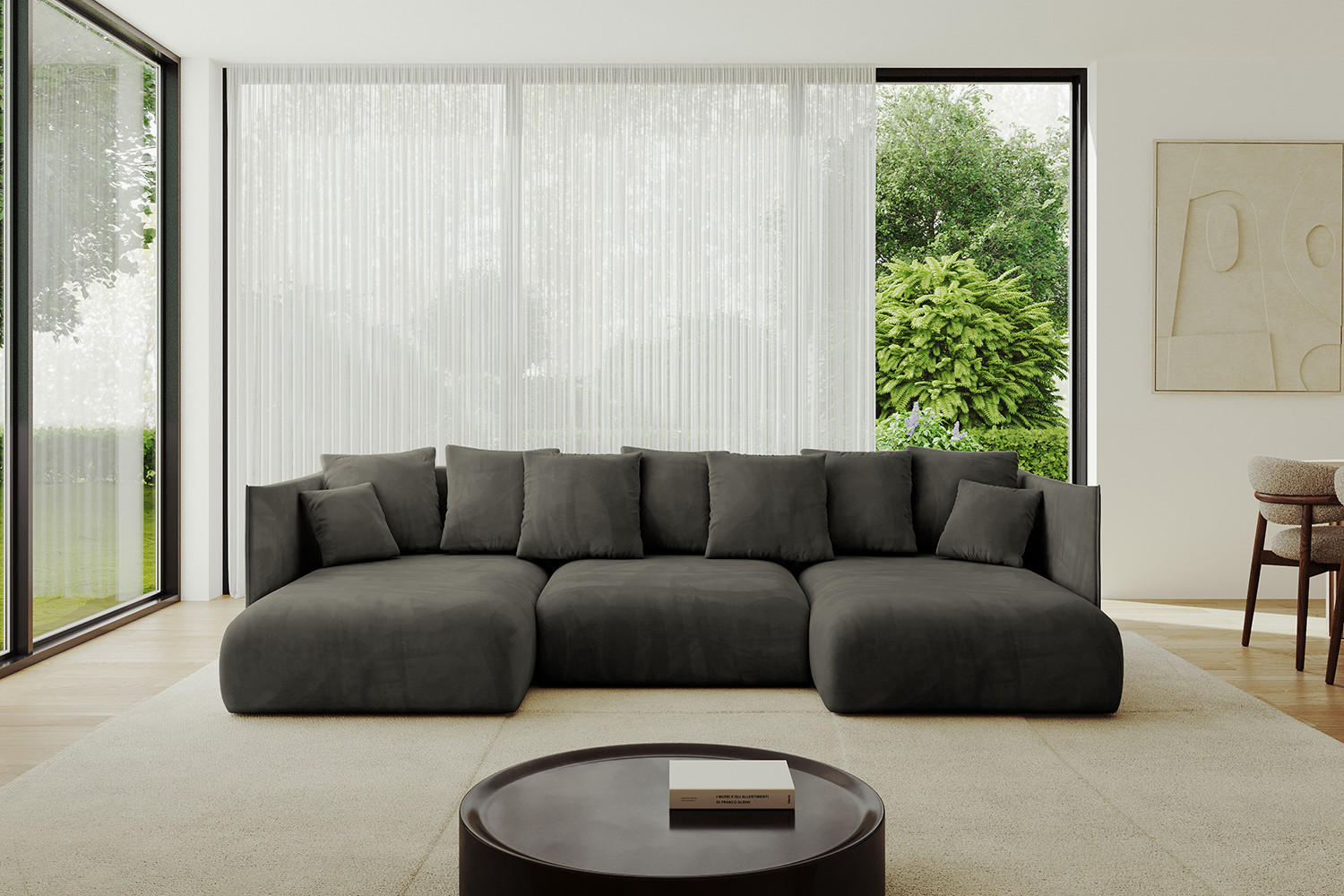 WOHNLANDSCHAFT mit Schlaffunktion und Bettkasten ONESK-U 304x165x40 Schwarz Velours - Schwarz, Holzwerkstoff/Kunststoff (304/90/165cm) - ALTDECOR