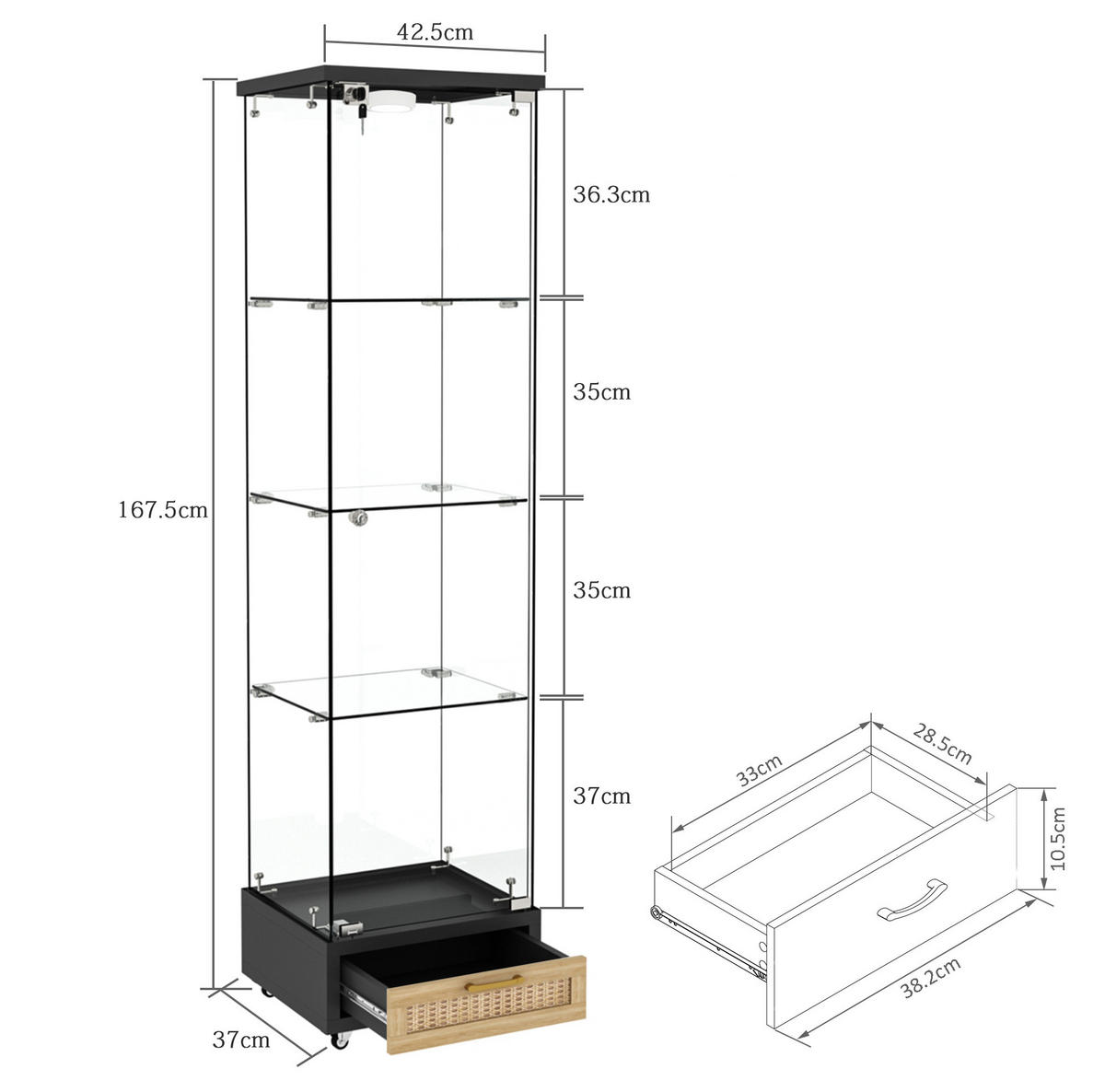 VITRINE 42,5/36,5/167 cm aus MDF und Glas mit LED-Beleuchtung Schwarz - Schwarz, Holzwerkstoff (42.5/167/36.5cm) - Modenvie