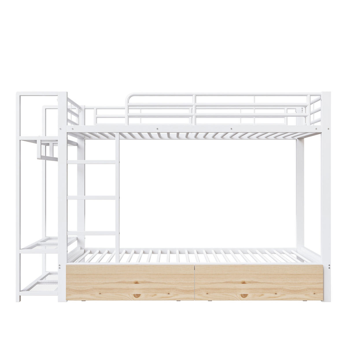 ETAGENBETT 90/200 cm mit LED-Lichtleiste, 2 Schubladen, Regalen und Kleiderstange, Weiß - Weiß, Metall (90/200cm) - Redom