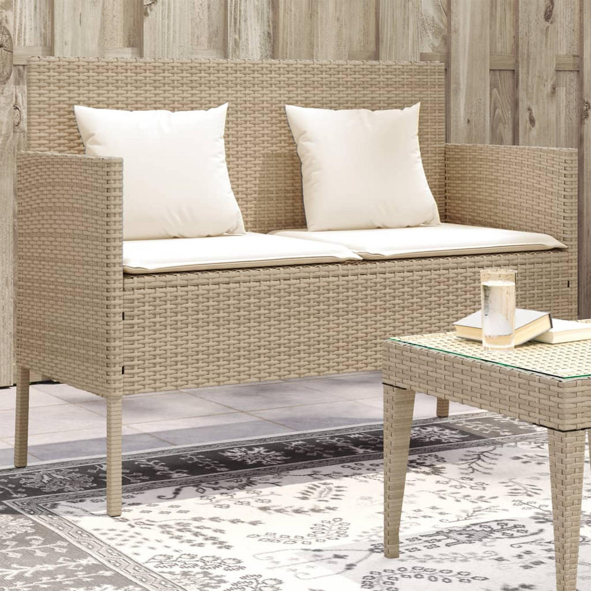 GARTENBANK mit Kissen Beige Poly Rattan - Beige/Creme, Kunststoff (113/87/61cm) - furnicato
