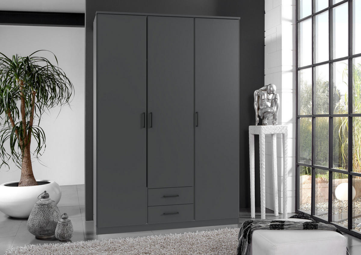 DREHTÜRENSCHRANK Stolpen in Grafit stilvoll mit Griffen in Schwarz 135 x 199 x 58 cm, BxHxT Kleiderschrank 3 türig - Grau, Holzwerkstoff (80/200/120cm)