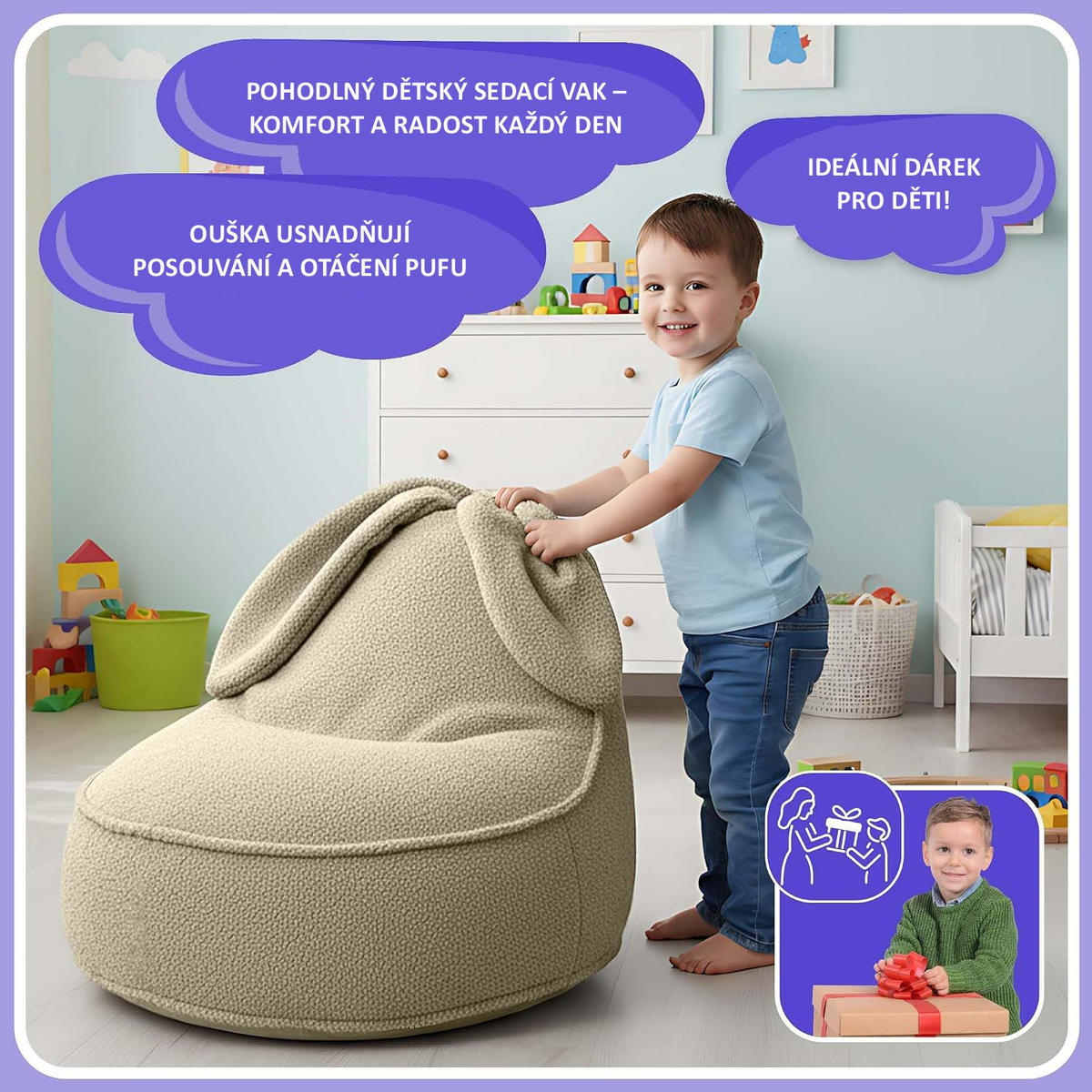 SITZSACK FÜR KINDER Hase 75/75/55 cm, weicher Bouclé 315 g/m², abnehmbarer Bezug, Toasted Almond - Beige, Textil (75/55/75cm) - Dreamroots