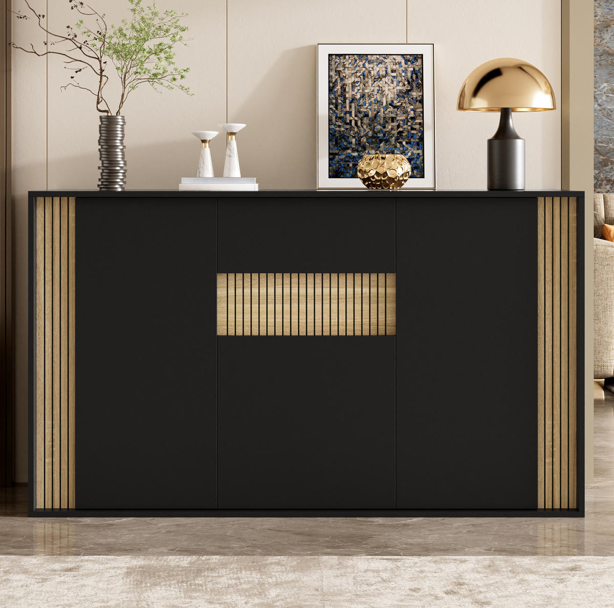 SIDEBOARD in Schwarz und Natur 140x40x82 cm mit 3 Türen, Schublade und verstellbarer LED-Beleuchtung - Schwarz, Holzwerkstoff (40/82/140cm) - IVMEU