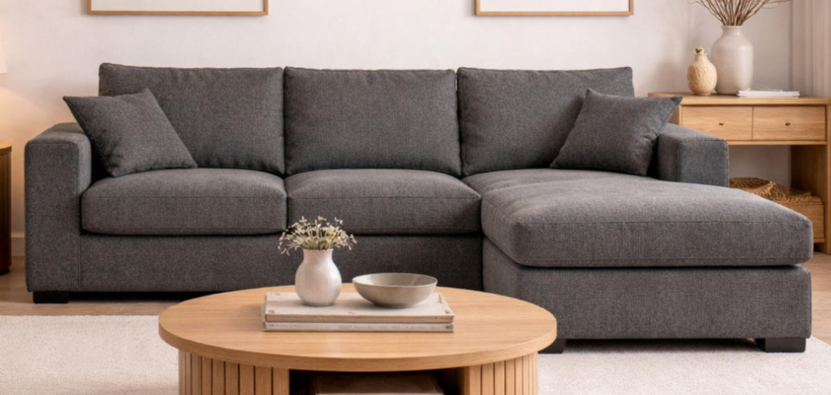 SOFA grau Strukturstoff 308 cm, Ecksofa 5-Sitzer, L-Sofa Ottomane rechts - Schwarz/Grau, Holz/Textil (308/186cm) - Inn.Furn
