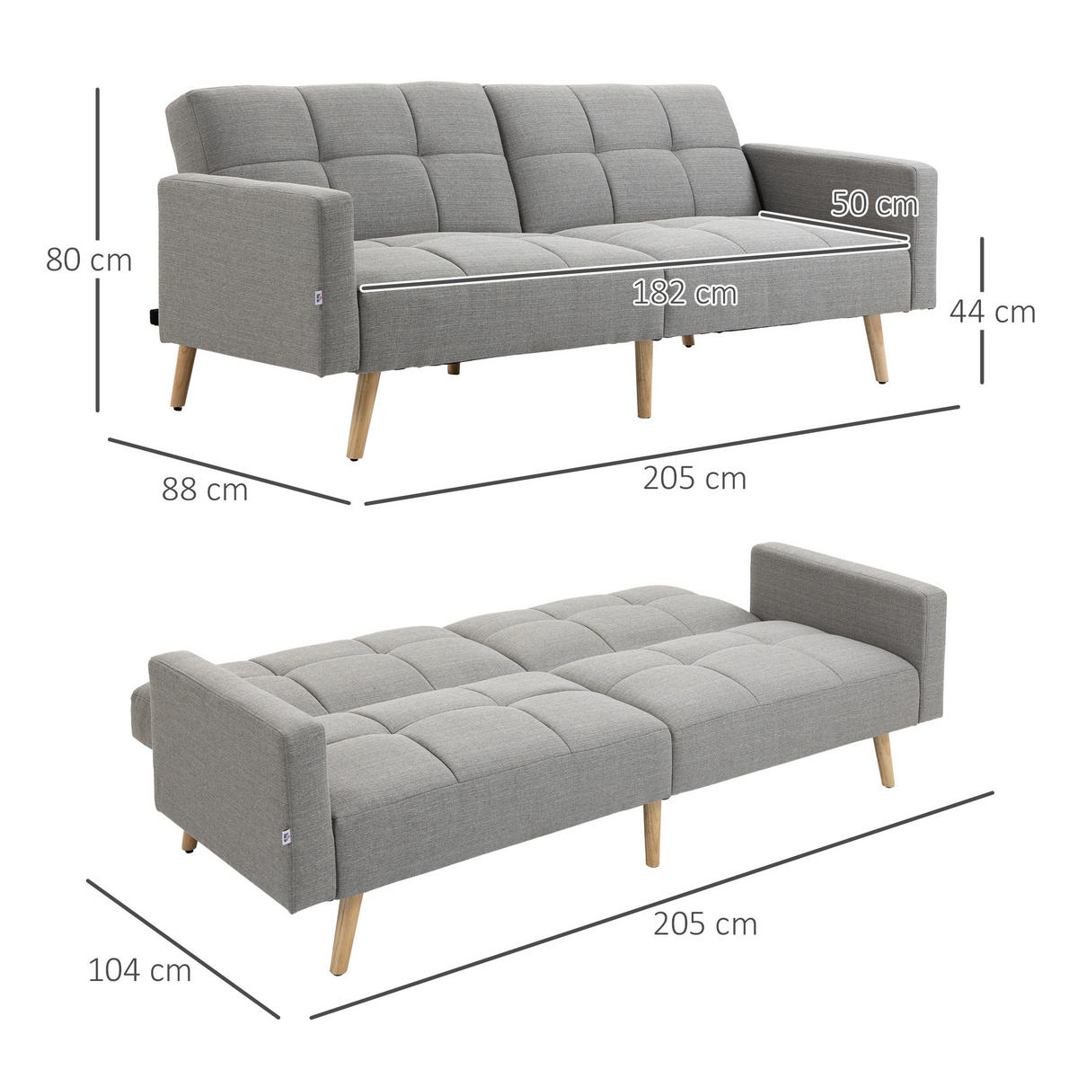 SCHLAFSOFA mit Bettfunktion Grau 205/88/80 cm - Naturfarben/Grau, Holz/Textil (88/80/205cm) - HOMCOM