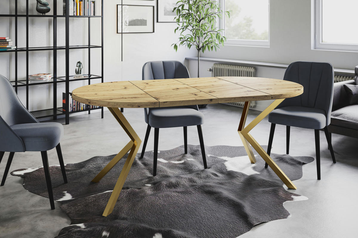 ESSZIMMERTISCH LOFT LITEN, ausziehbarer Tisch 90 cm/170 cm, Farbe: Mattbraun, mit Metallbeinen in Farbe Gold - Hellbraun/Goldfarben, Holzwerkstoff (90/90/76cm) - Alpi-Möbel