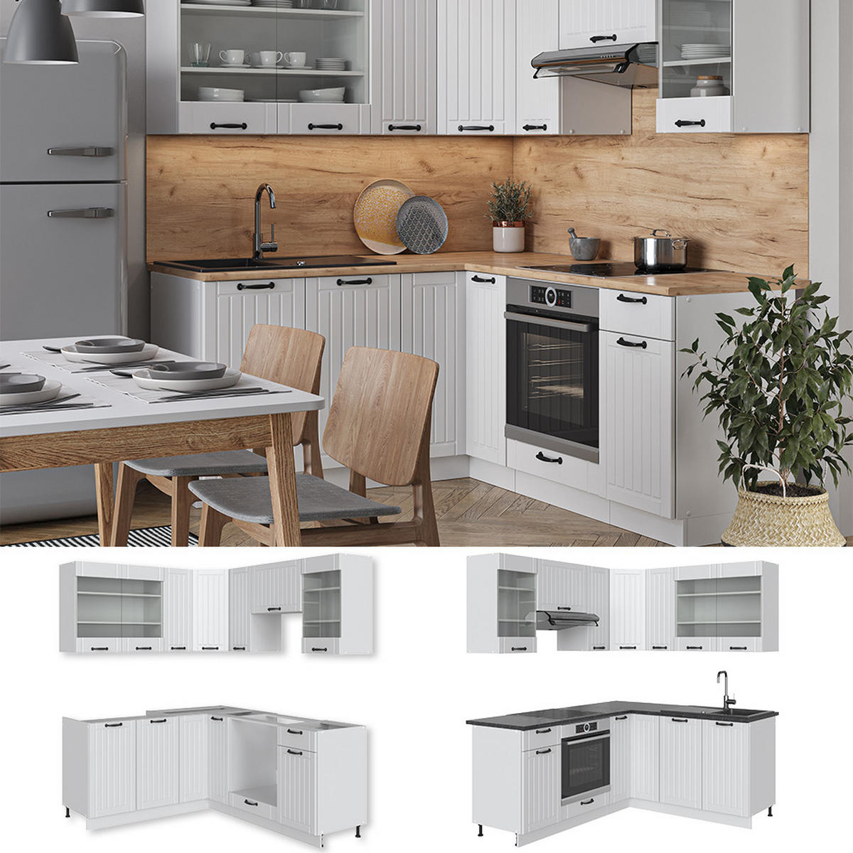 ECKKÜCHE Fame-Line Weiß Landhaus/Weiß 160 x 190 cm, AP Marmor - Creme/Weiß, Holzwerkstoff (190/81.6/60cm) - Vicco