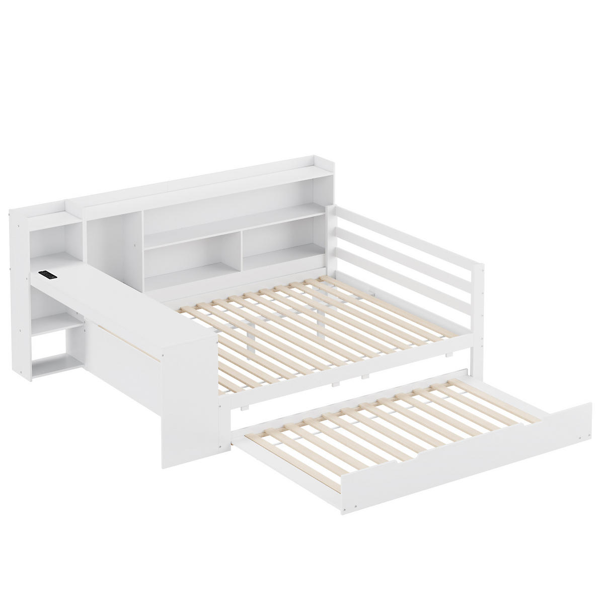 BETT Aus Massivholz mit ausziehbarem Bett und Schreibtisch Weiß 140/200 cm - Weiß, Holz (140/200cm) - OKWISH