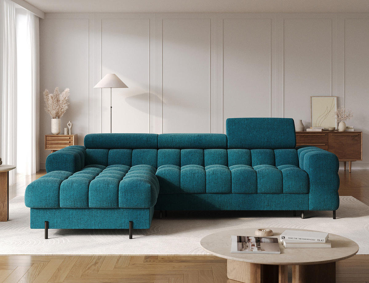 ECKSOFA FELRO mit Schlaffunktion, Bettkasten & verstellbaren Kopfstützen – Modernes Premium-Ecksofa in L-Form - Blau, Kunststoff (285/181cm) - Wohnideebilder
