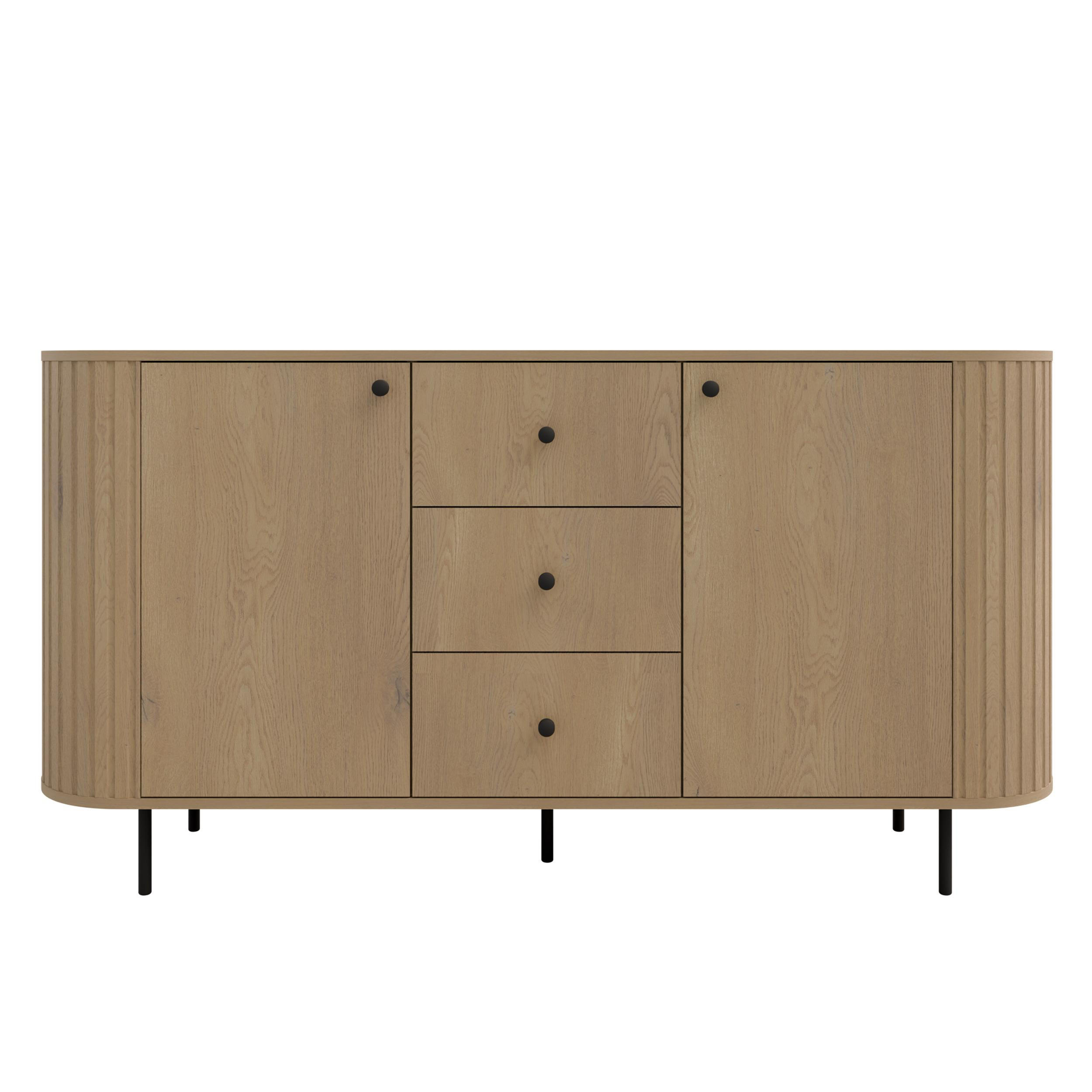SIDEBOARD Halay Eiche Cremona 2 Türen & 3 Schubladen Moderne Rillenstruktur 164,6 cm - Eichefarben/Schwarz, Holzwerkstoff/Metall (164.6/85.4/42.3cm) - AX Living