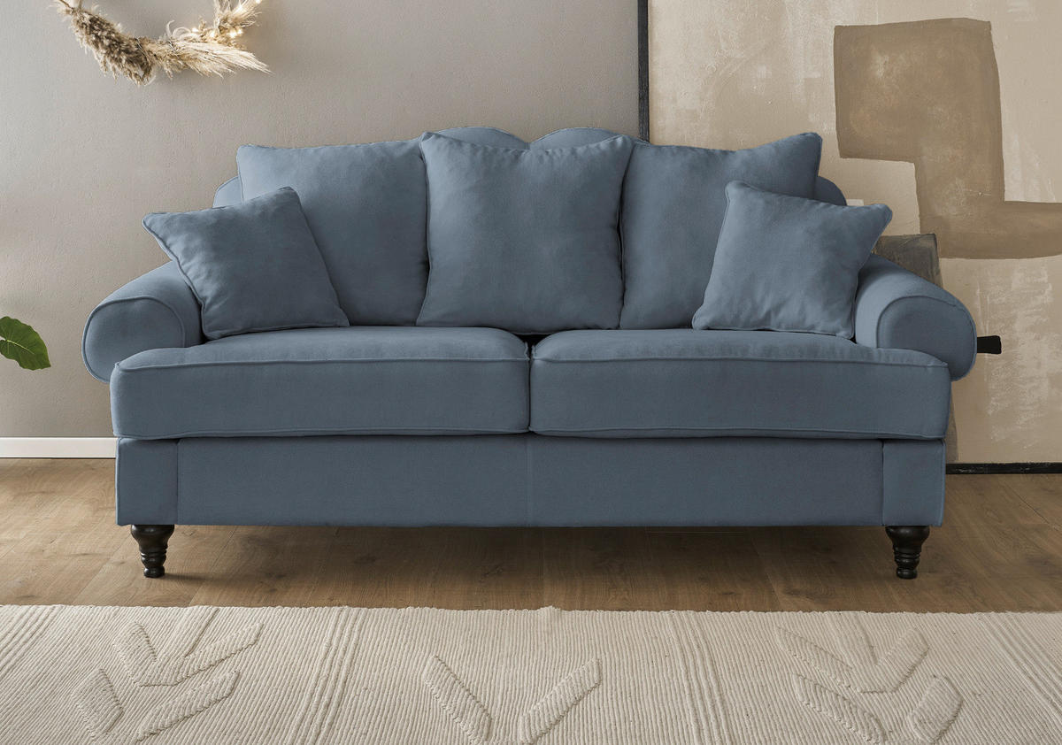 SOFA blau Landhaus, Couch 3-Sitzer 200 cm - Blau, Holz/Textil (200/95/100cm) - Furn.Design