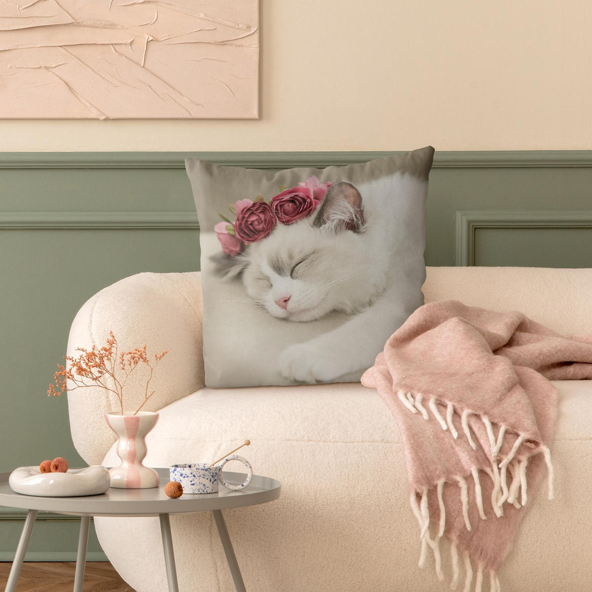KISSENBEZUG Schlafende Katze mit Rosen 40/40 cm - Weiß, Textil (40/40cm) - Bilderwelten