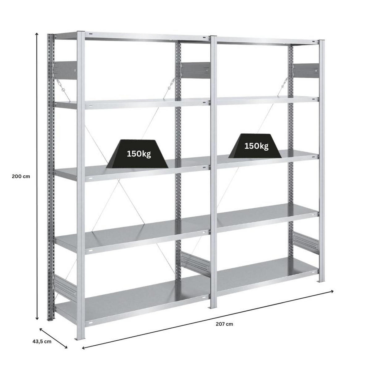 SCHWERLASTREGAL Silver Mamba 200x200x40cm 5 Ebenen je 150kg Fachlast Verzinkt - Silberfarben, Metall (200/200/40cm) - PROREGAL