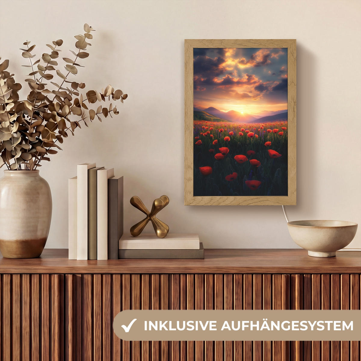 WANDLEUCHTE Landschaft - Sonnenuntergang - Blumenfeld 20x30 cm - Rot, Holzwerkstoff (20/30/8cm) - OnlyWow