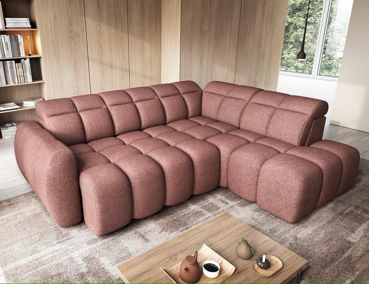 ECKSOFA mit elektrischem Sitzvorschub, Bettkasten und verstellbare Kopflehnen - Rosa, Naturmaterialien/Textil (208/258cm) - Eltap