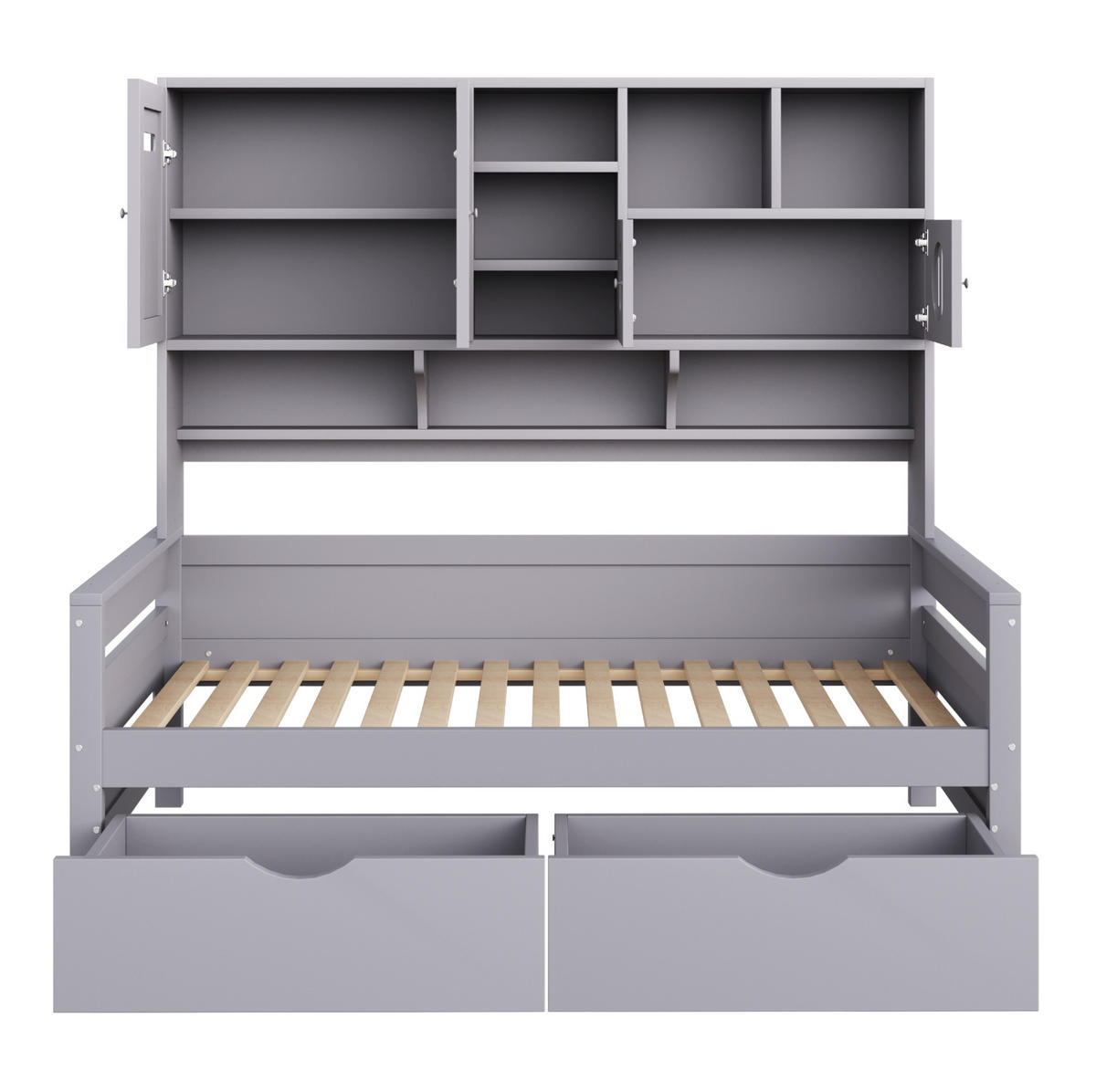 MULTIFUNKTIONSBETT aus Kiefernholz 90x200 cm Grau mit Stauraum, 2 Schubladen und Aufsatzregal - Grau, Holz (90/200cm) - Modfu