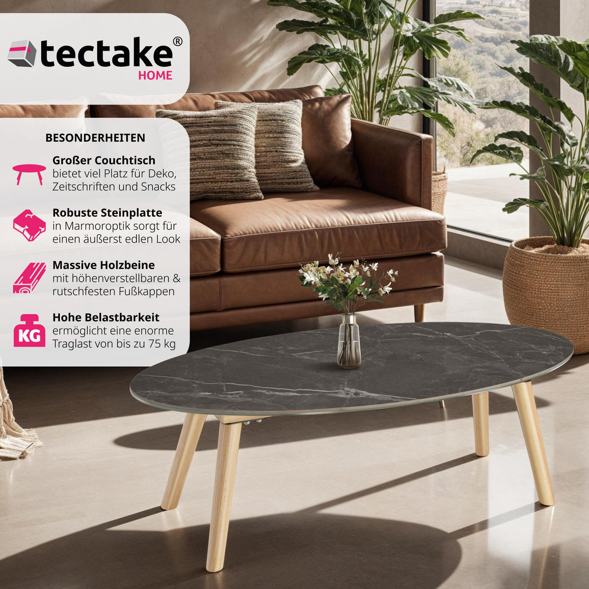 COUCHTISCH oval Acerra, 100 x 50 x 34, 5 cm, natur - Naturfarben, Stein (100/50/34.5cm) - tectake