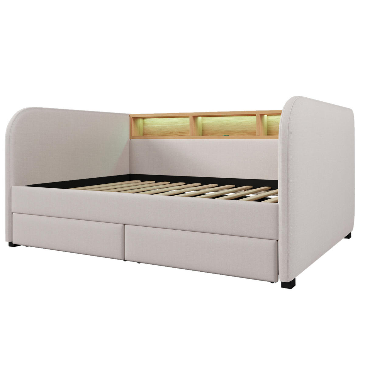 ČALOUNĚNÁ postel 140/190 cm světle béžová z lnu s LED a USB-C, zásuvkami a úložným čelem - béžová, textil (140/190cm) - OKWISH