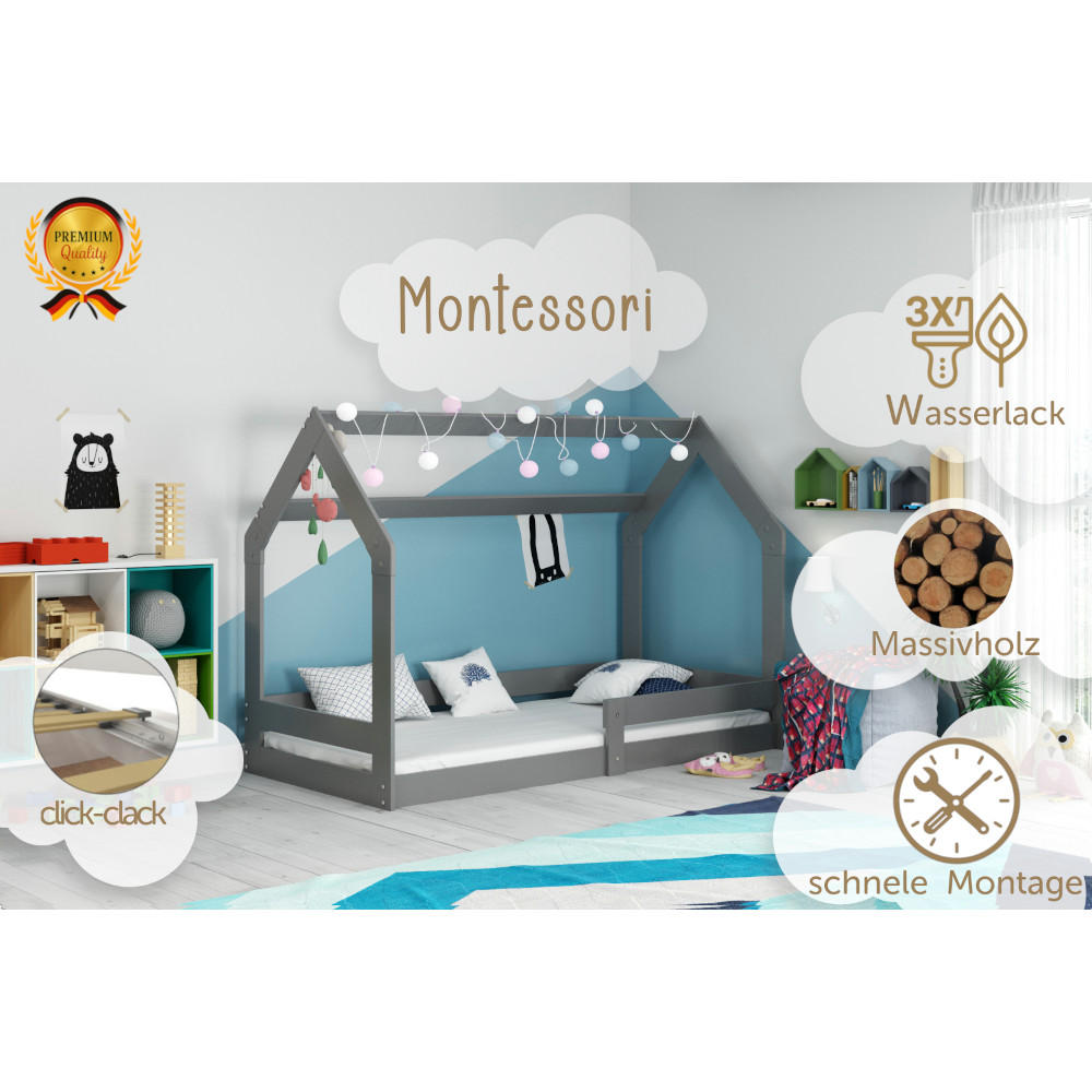 HAUSBETT DOMI 1 160x80cm mit Lattenrost und Rausfallschutz - Grau, Holz (80/160cm) - Interbeds