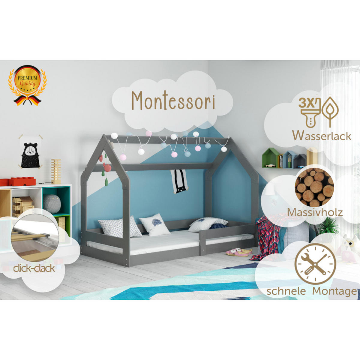 HAUSBETT DOMI 1 160x80cm mit Lattenrost und Rausfallschutz - Grau, Holz (80/160cm) - Interbeds