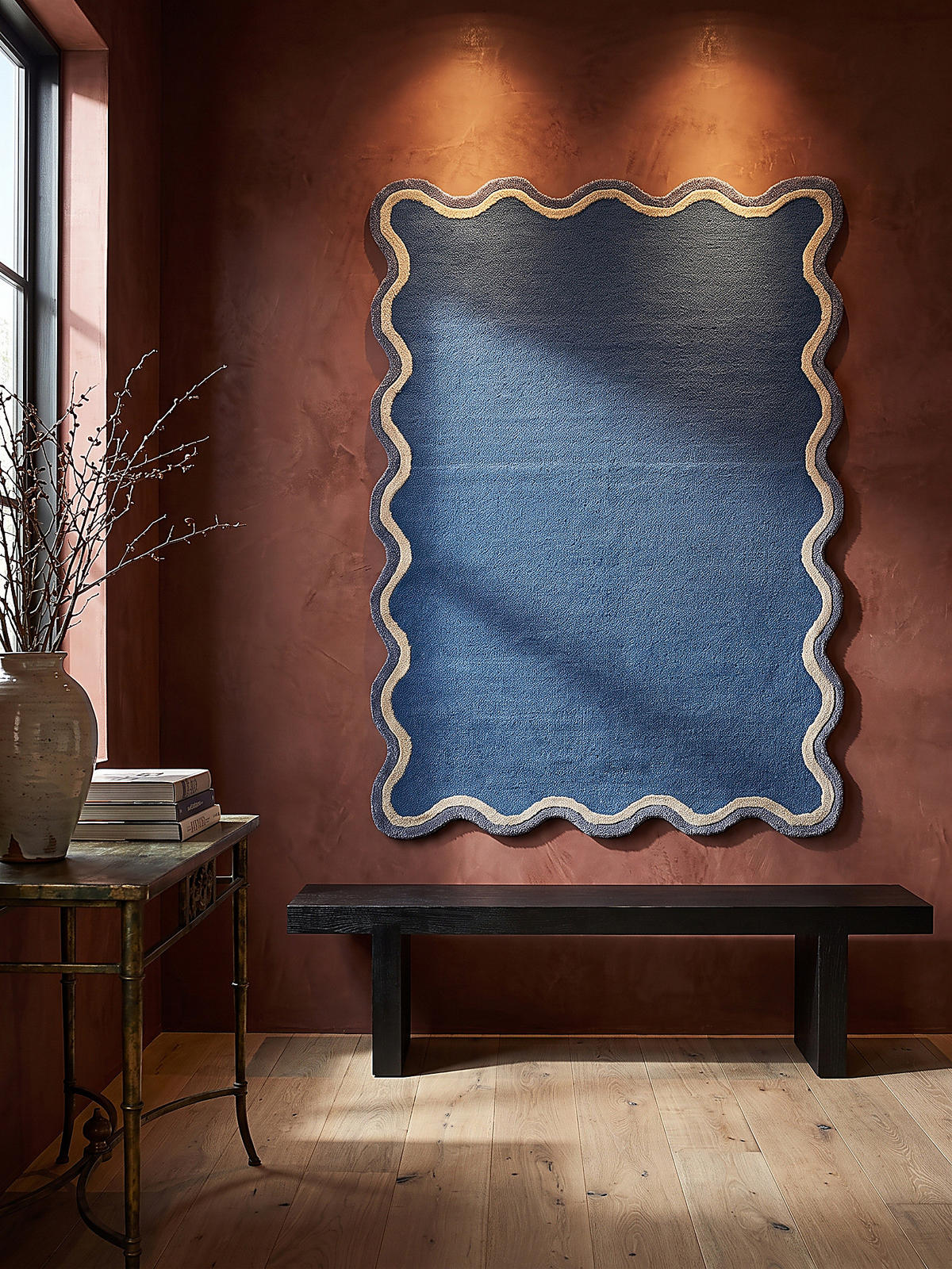 WOLLTEPPICH handgetuftet ALHAM, Wellenbordüre, Marineblau, 120 x 170 cm - Blau, Textil (120/170cm) - KADIMA DESIGN