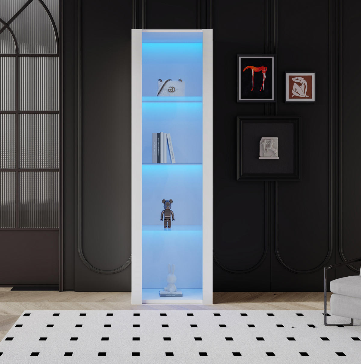 VITRINA 55/38/166 cm bijela od iverice s LED rasvjetom i 3 staklene police - bijela, drvni materijal (55/166/38cm) - OKWISH