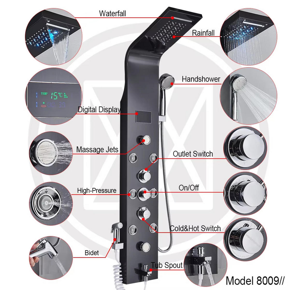 ÜBERKOPFBRAUSESET LED, Schwarz, Wasserfall SPA - Schwarz, Metall (20/114/39cm) - Kaket