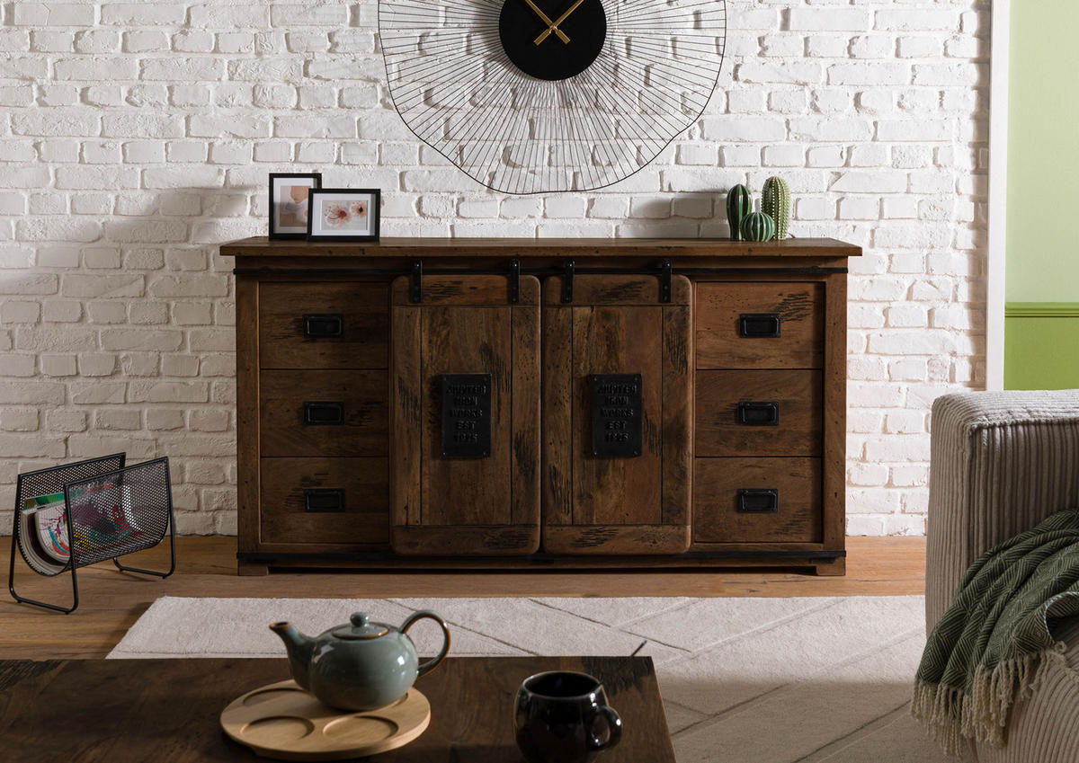 SIDEBOARD Mango 170x45x90 braun lackiert RAILWAY #493 - Braun, Holz (170/90/45cm) - Massivmoebel24