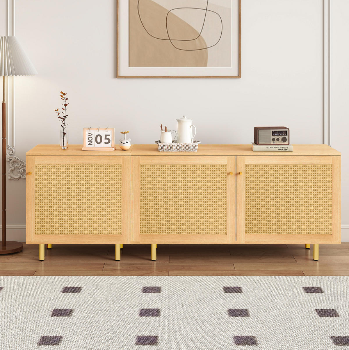 SIDEBOARD 180/40/63 cm mit 3 Türen in Naturholzoptik und goldfarbenen Griffen - Naturfarben, Holzwerkstoff (180/63/40cm) - BEAOK