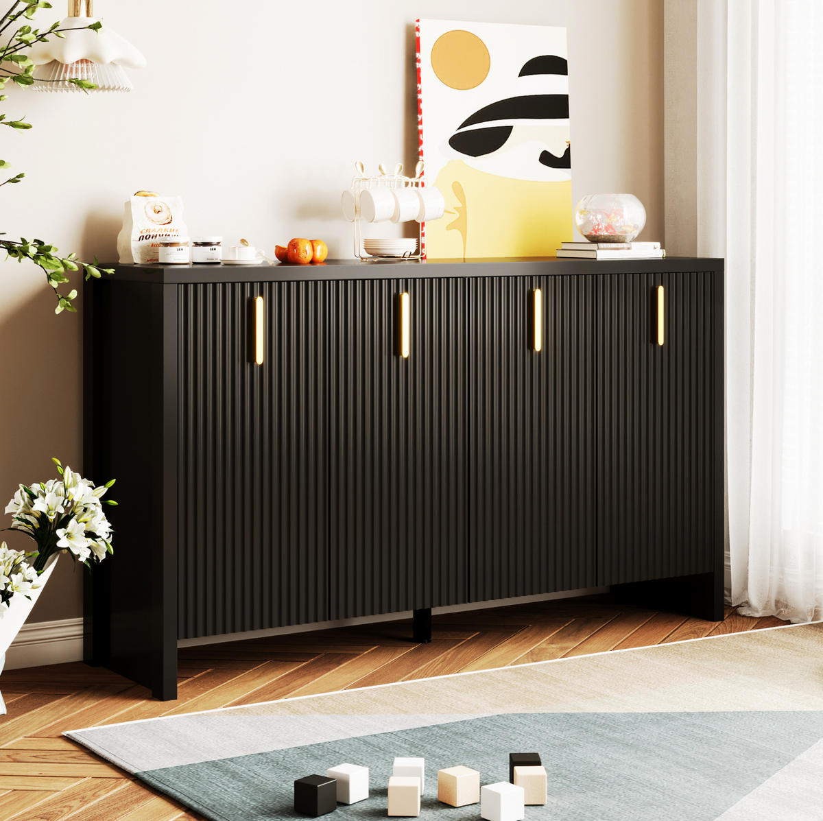 SIDEBOARD 140/38/80 cm mit 4 Türen in Schwarz und goldfarbenen Griffen - Schwarz, Holzwerkstoff (140/38/80cm) - BEAOK