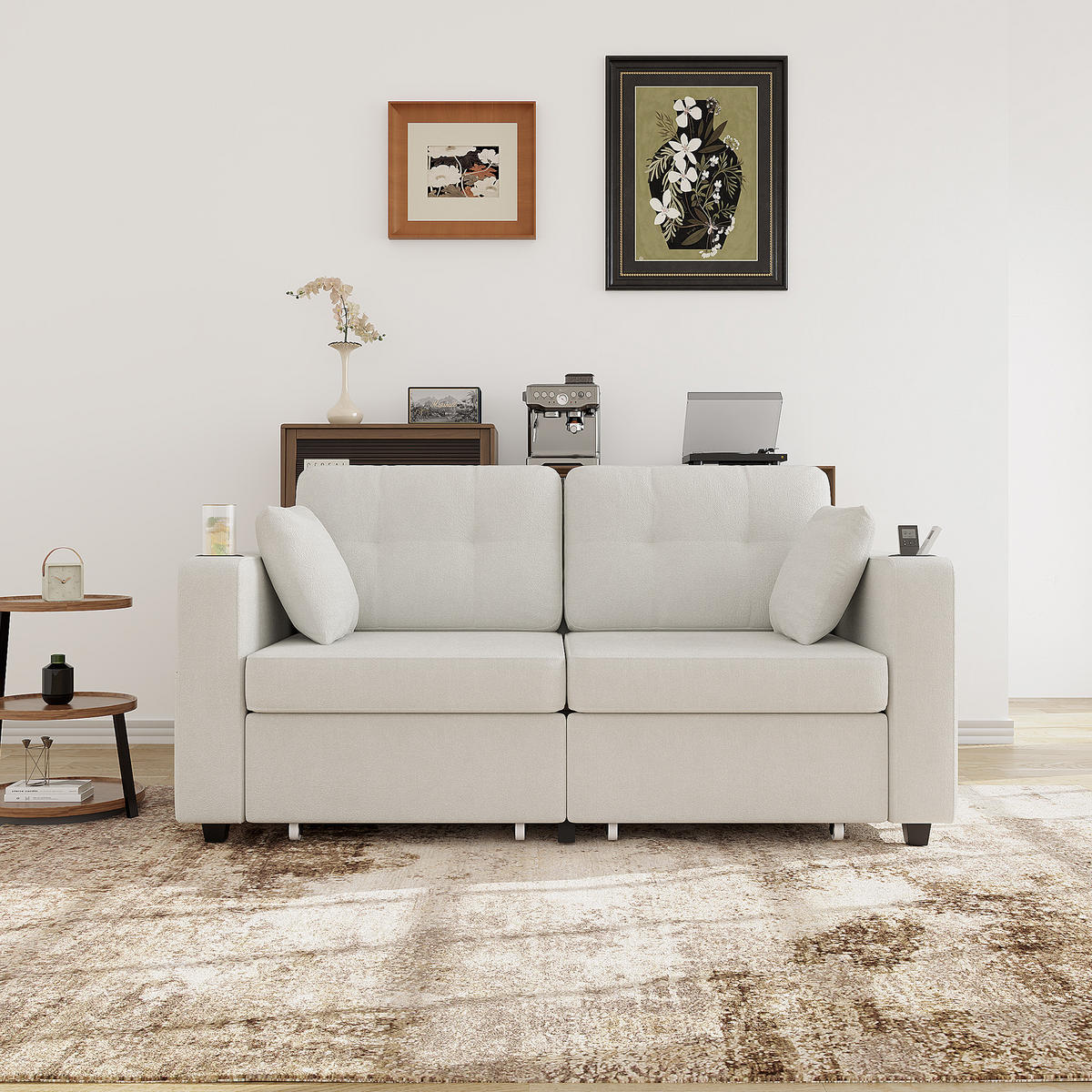 2-SITZER SOFA Chenille Beige mit 2 Stauraumschubladen, USB, Getränkehaltern und Seitentaschen - Beige, Textil/Metall (172/82/75cm) - WISHDOR