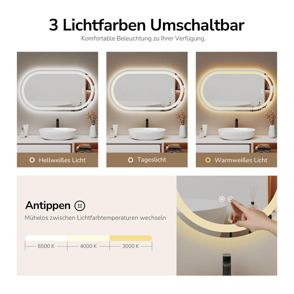 BADSPIEGEL mit Beleuchtung in Laufbahnform 90/50 cm - Transparent, Glas (90/50/3cm) - EMKE