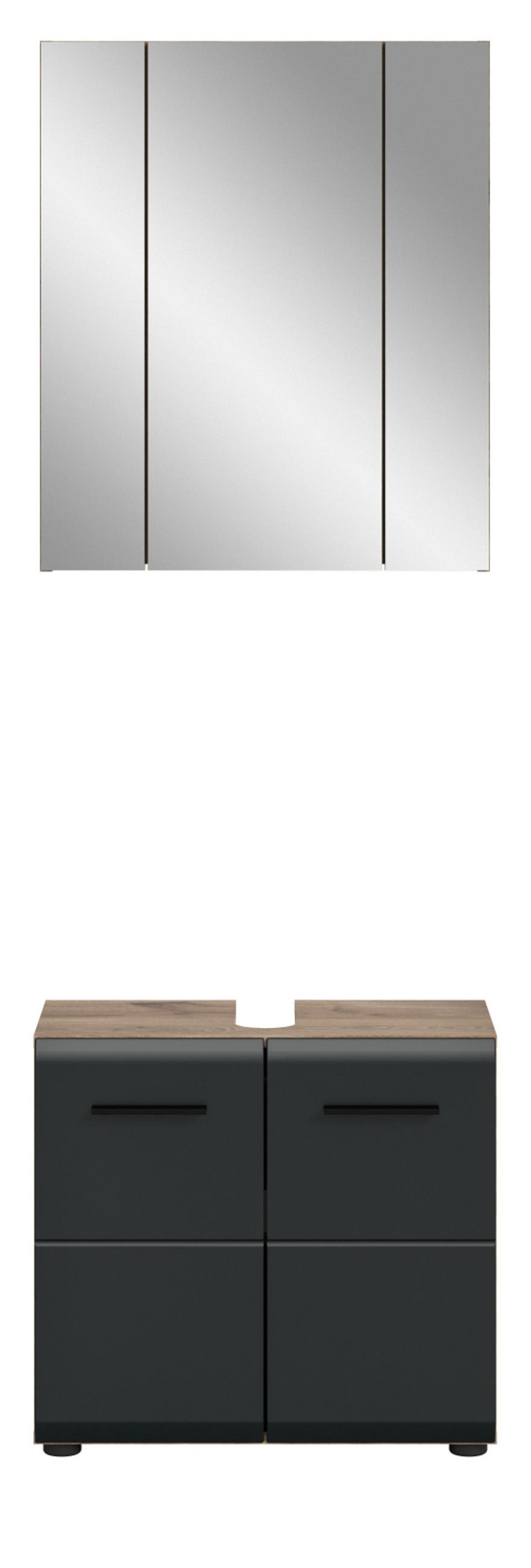 BADMÖBEL-SET 2-teilig schwarz matt, Eiche Nox, Set für Badezimmer und Gäste-WC, Breite 60 cm - Eichefarben/Schwarz, Glas/Holzwerkstoff (60/185/30cm) - Inn.Furn