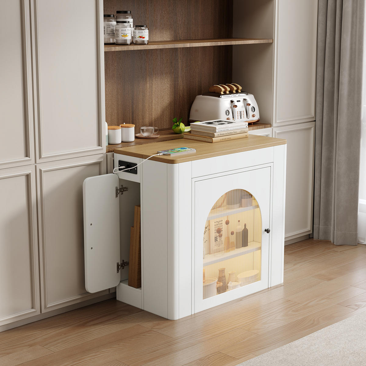 KÜCHENINSEL Mobile & Ausziehbarer Esstisch (4-in-1) mit LED, Steckdose & Stauraum - Weiß, Glas/Holzwerkstoff (83/77/39.6cm) - Urban Meuble