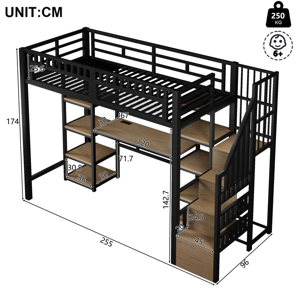 HOCHBETT 90/200 cm in Schwarz mit Schreibtisch, Stauraum und LED-Beleuchtung - Schwarz, Metall (90/200cm) - Flora Grace