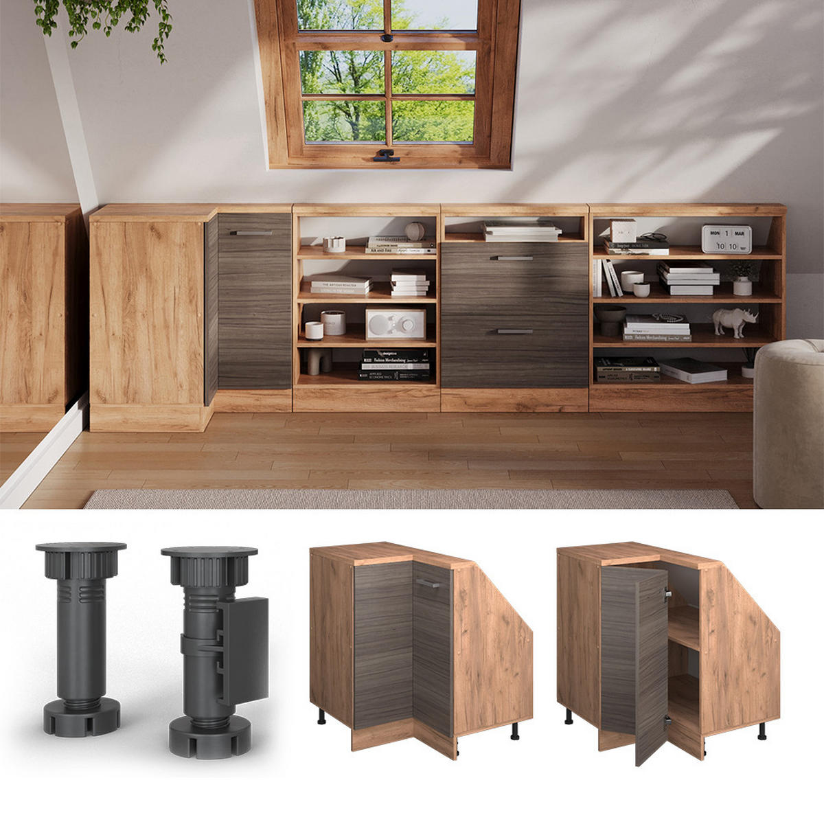 DACHSCHRÄGENSCHRANK ECKSCHRANK Rion Edelgrau/Goldkraft Eiche 75.6 x 81.6 cm mit 1 Tür - Honigeiche/Grau, Holzwerkstoff (75.6/81.6/75.6cm) - Vicco