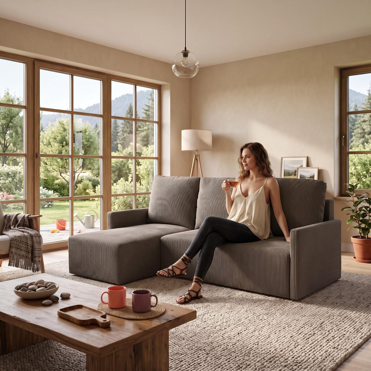 ECKSOFA GARDA L universell links/rechts montierbar mit Schlaffunktion 132x198 cm Cord Hellbraun - Hellbraun/Schwarz, Holz/Kunststoff (209/145cm) - NACANAPA