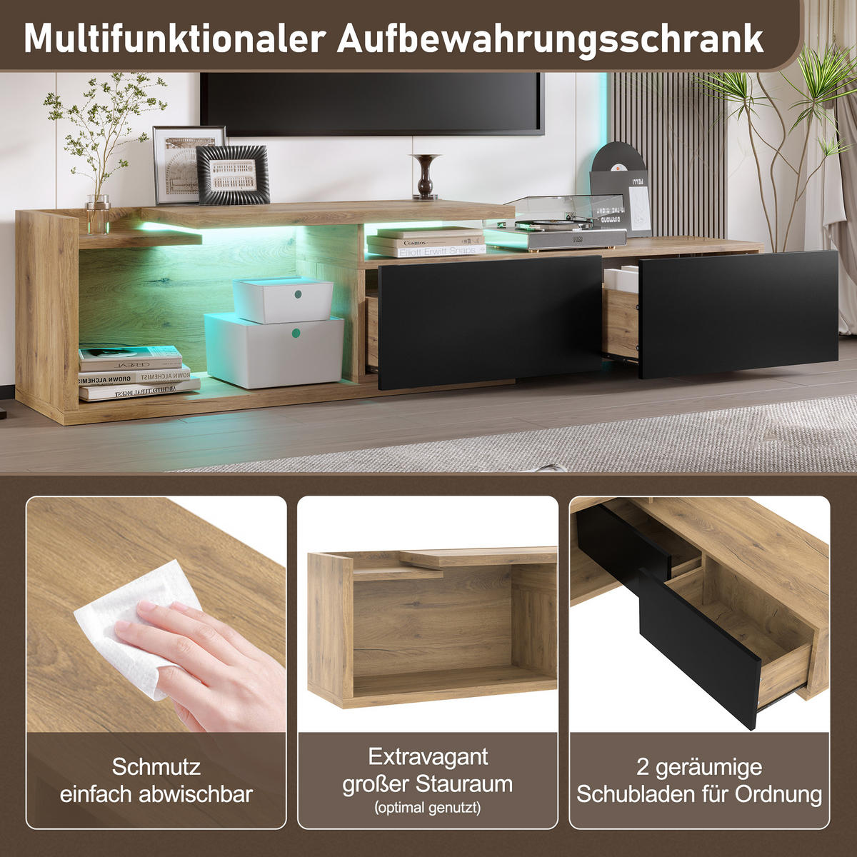 TV-LOWBOARD,UNENDLICH kombinierbar mit integriertem LED-Beleuchtungssystem - Natur - Naturfarben, Holz/Holzwerkstoff (40/45/135cm) - KOMHTOM