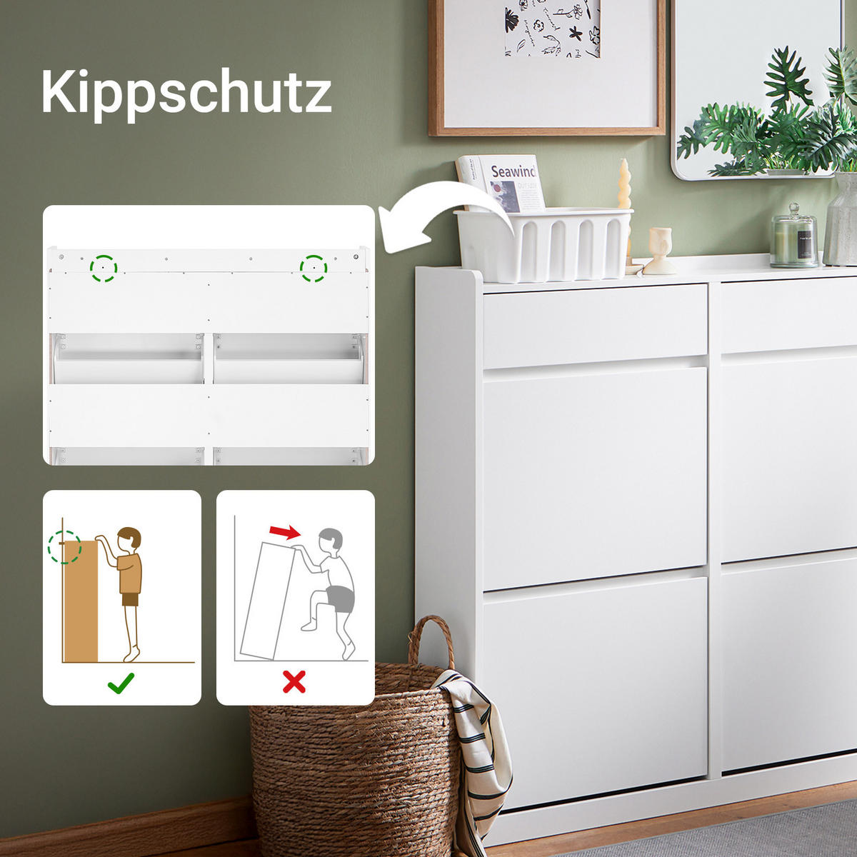 SCHUHKIPPER mit 4 Klappen, Schuhschrank schmal, 98x95x19cm Weiß - Weiß, Holz (98/95/19cm) - SoBuy