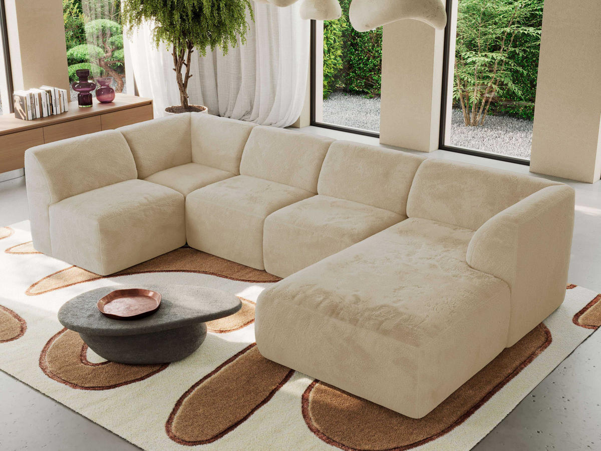 WOHNLANDSCHAFT MODARO U 5M - Creme Plüsch - Rechts - Creme/Schwarz, Textil (345/78/180cm) - MKS