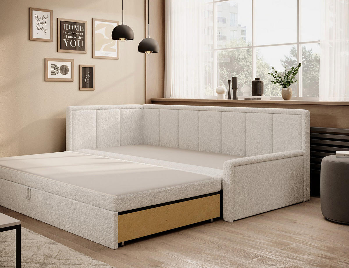 SCHLAFSOFA FULGEO mit Schlaffunktion & Bettkasten – Modernes 3-Sitzer Sofa, Liegefläche 200 x 150 cm - Weiß, Kunststoff (214/82/77cm) - Wohnideebilder