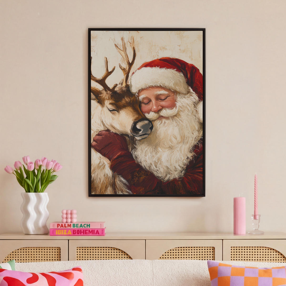 LEINWAND Bilder mit Rahmen - Weihnachtsmann - Rentier - Weihnachten - 60x90 - Rotbraun, Textil (60/90cm) - MuchoWow